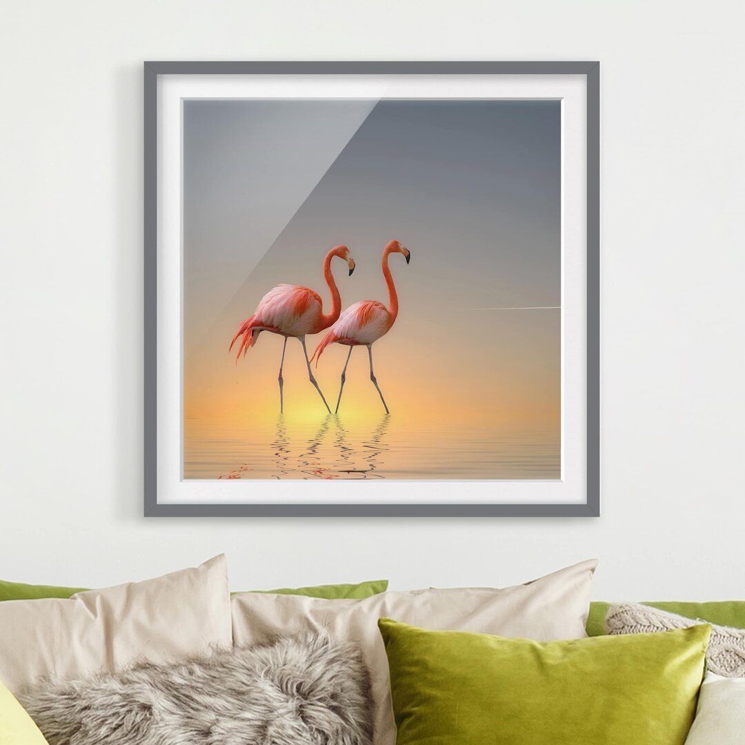 Gerahmtes Papierbild Flamingo Liebe