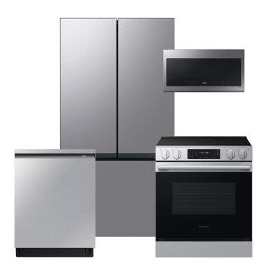 Samsung Bespoke Stainless Steel Counter Depth Kitchen Package With 24 Cu. Ft. Smart BESPOKE 3-Door French-Door Refrigerator With Customizable Panel Colors And Beverage Center In Stainless Steel