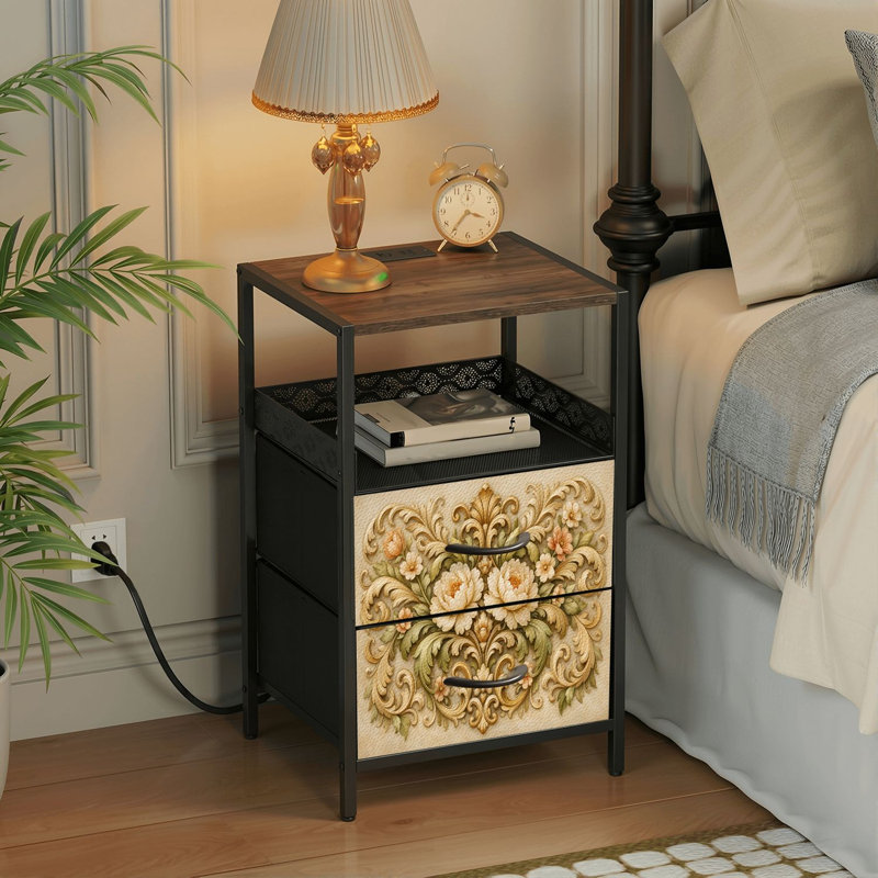Table de chevet 2 tiroirs avec station de charge, table de chevet de chambre à coucher avec ports USB et prises USB