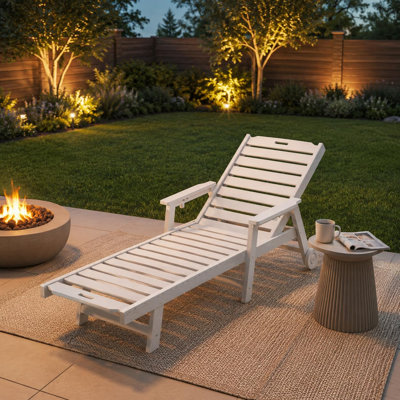 White HDPE Outdoor Chaise Lounge with Wheels & Cup Holder, 5-Position Reclining Patio Chair for Pool, Deck & Backyard