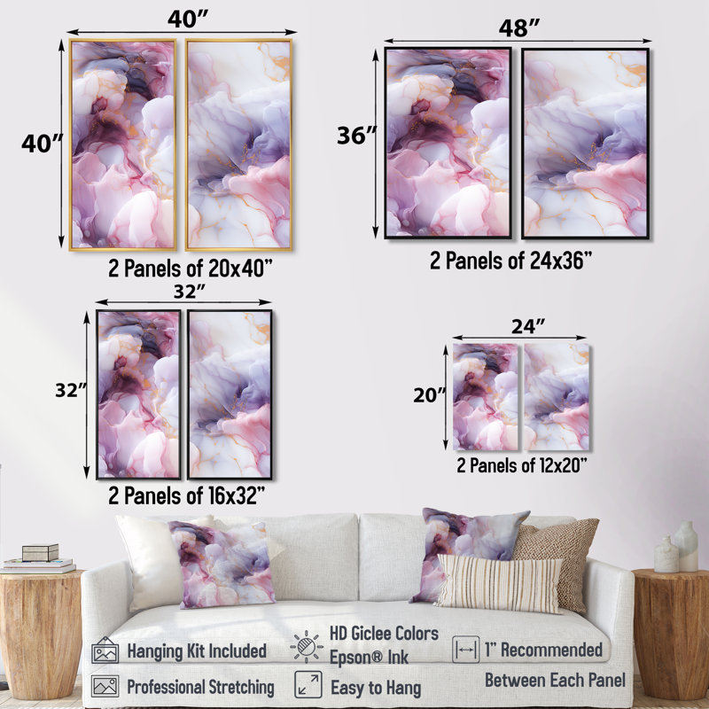 Enchanted lumière mauve marbre brumeux - art mural mauve 2 pièces, H 36 po x l 48 po, Impression encadrée flottante, Noir