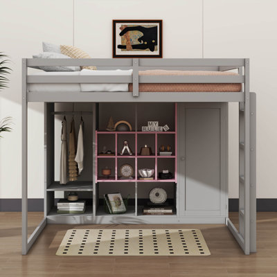 Lit mezzanine en bois avec armoire intégrée, tablettes, armoire et escalier