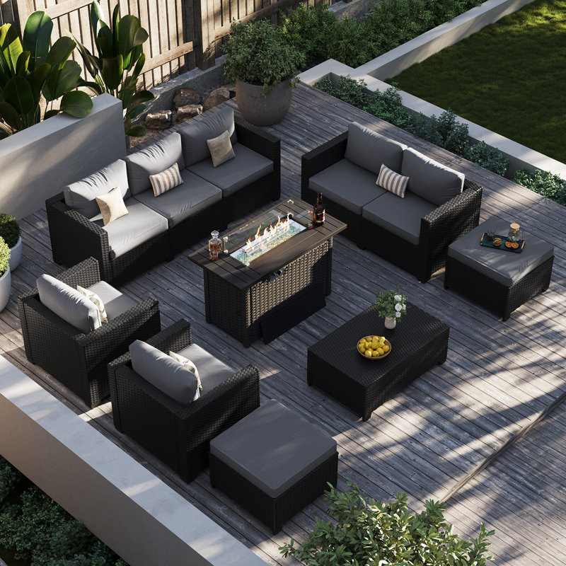 8-Piece Outdoor Wicker Sectional Sofa Set With Fire Pit Table, Ottomans & Storage Table, All-Weather Patio Conversation Set For Backyard, Garden & Poolside