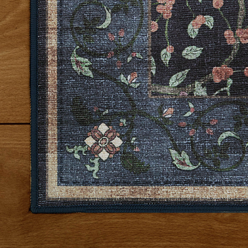 Hunter Washable Printed Chenille Rug, Blue, 2 x 8