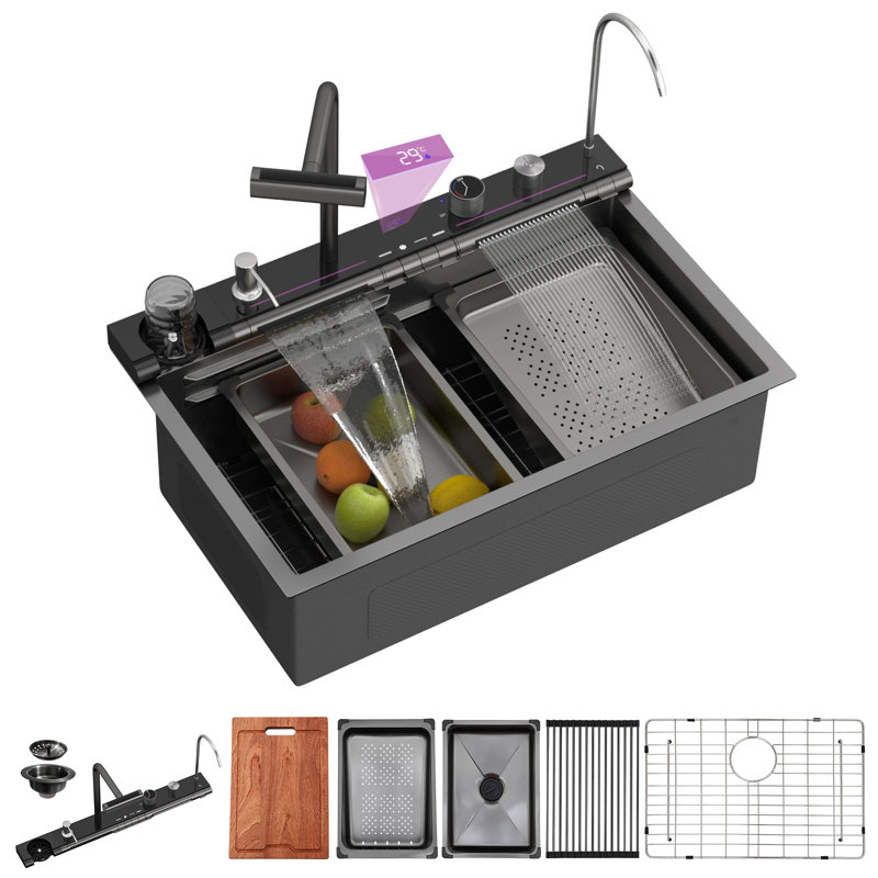 30" L x 19" W Drop-in Waterfall Kitchen Sink 16 Gauge Stainless Steel Multifunctional Workstation Kitchen Sink with Digital Display in Honeycomb Finish