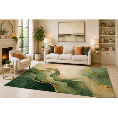 "Ultra Light Weight" Large 6'7" x 9'10"  Emerald Marble Flow Area Rug for Living Room, Soft Low Pile Indoor Rug with Non-Slip Silicone Backing, Decorative Carpet for Bedroom, Dining Room and Office, Green