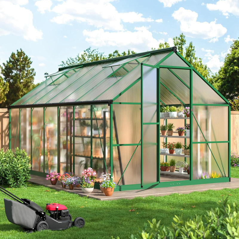 8 ft. W x 14 ft. D Greenhouse for Outdoors, with with Reinforced Quick-Setup Structure and Roof Vent, Green