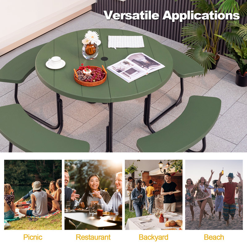 HDPE Picnic Table Bench Set With Umbrella Hole For 6-8, Green