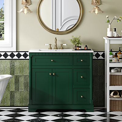 Le meuble-lavabo avec rangement supérieur comprend une tablette réglable, des portes à fermeture douce, des tiroirs et un tiroir basculant