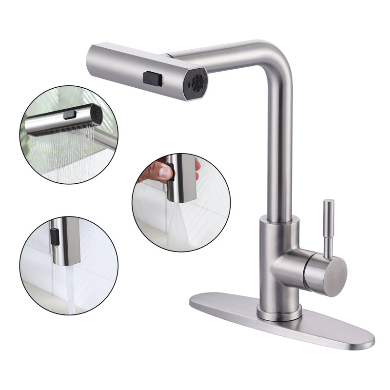 Robinet de cuisine 3 casiers à poignée simple et douchette en acier inoxydable, Nickel brossé, Sans distributeur de savon