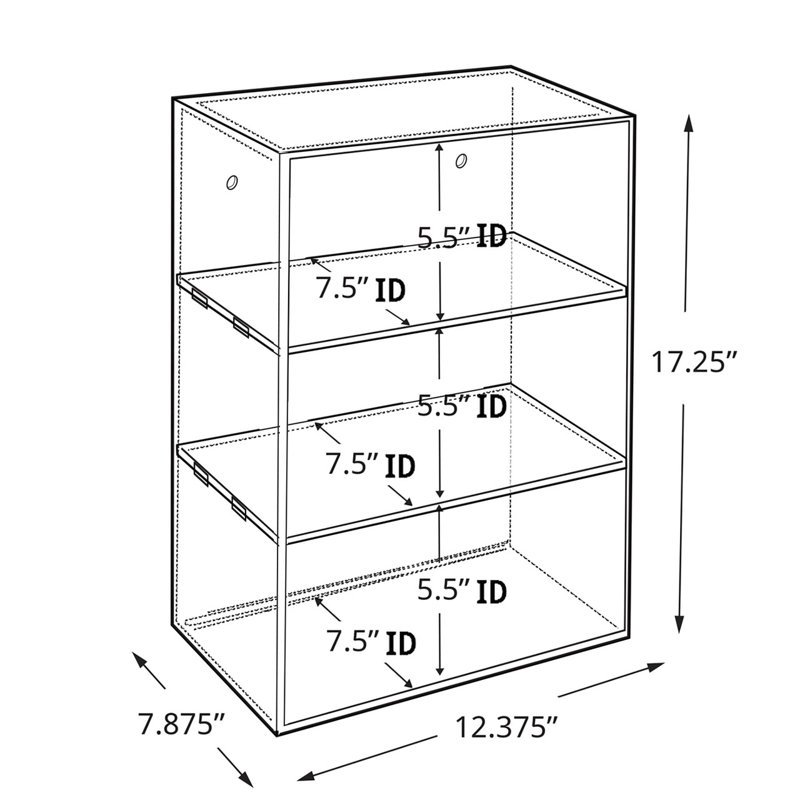 Acrylic Countertop Open Case 12.375" Wide w/ 2 Non-Removable Shelves and Wall Hanging Holes