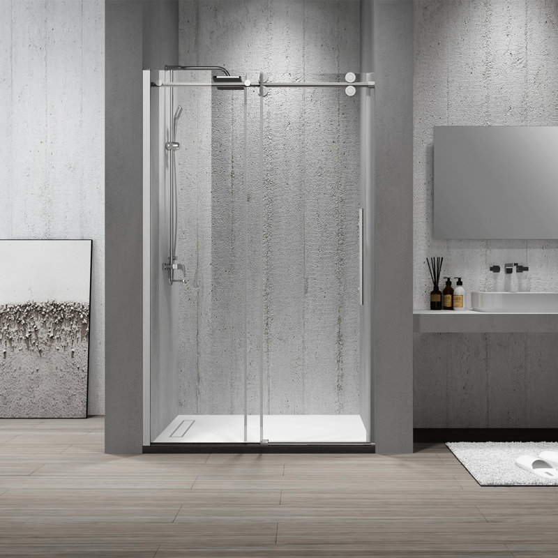 Massa 46.8" W x 76" H Single Sliding Frameless Shower Door, Brushed Nickel 