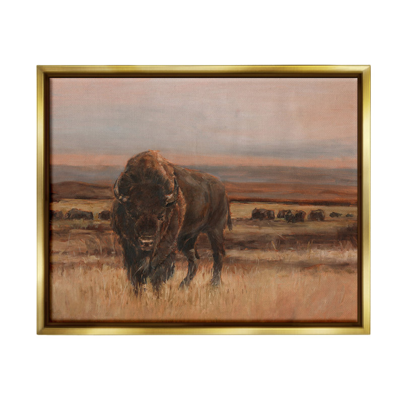 «Traditional Bison Landscape» par Ethan Harper sur, Cadre flottant métallique doré, H 25 po x l 31 po