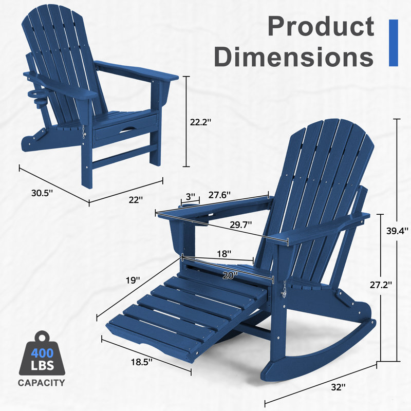 Chaise Adirondack pliante et berçante en plastique avec repose-pieds, Navy Blue