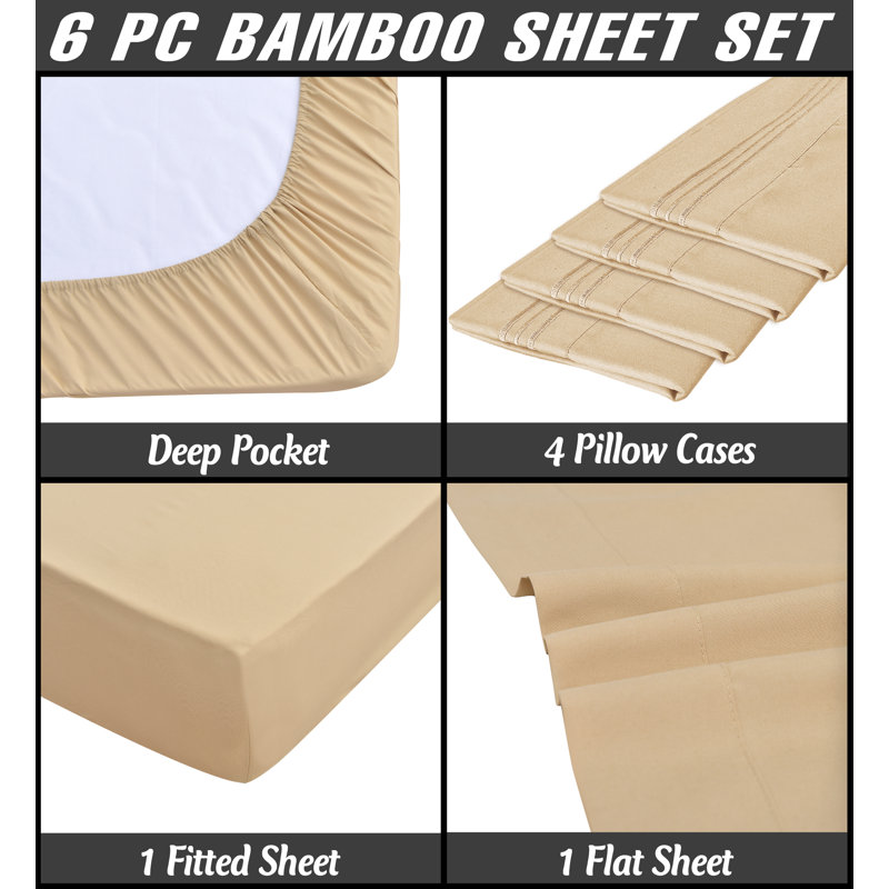 Ensemble de literie 6 pièces en rayonne de bambou de qualité supérieure avec poches profondes et refroidissement, Beige