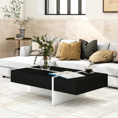 Table basse de salon à la mode, longueur 45,3 po, base de table blanche avec lignes noires et tiroir spacieux