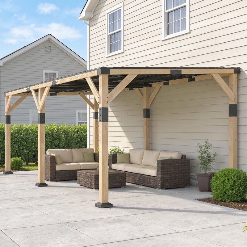 10' x 20' Wooden Gazebo, Hardtop Lean-to Gazebo Pergola with Galvanized Steel Sloped Roof, Large Heavy Duty Awning for Patio, Deck, Backyard, Light Walnut
