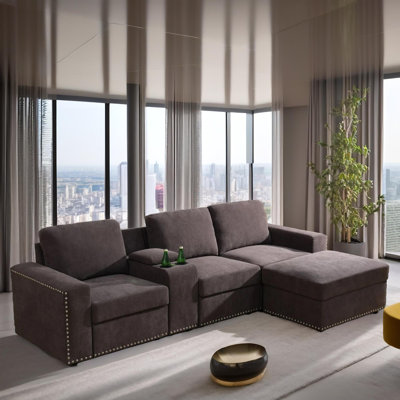 Oslo Brown Flannel Sectional 5-Piece Living Room Sofa Set With Ottoman