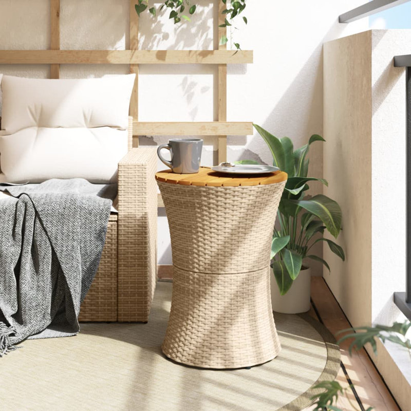 Table d'appoint de patio en forme de tambour en poly rotin et bois massif, Beige