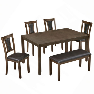 6-Piece Dining Table Set with Bench and Chairs, Wooden dining table set for 6 people, Farmhouse Rustic Style 6 Person Dining Table Set for Dining Room