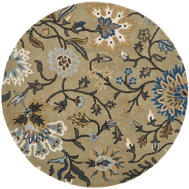 Handmade Round Beige and Blue Wool Floral Rug