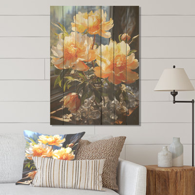 Yellow Blooming Peony Beauty - Peonies On Wood Print