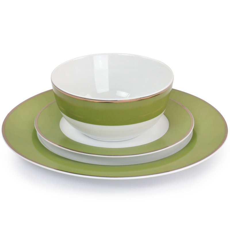 Green and Gold Rimmed 12-Piece Ceramic Dinnerware Set