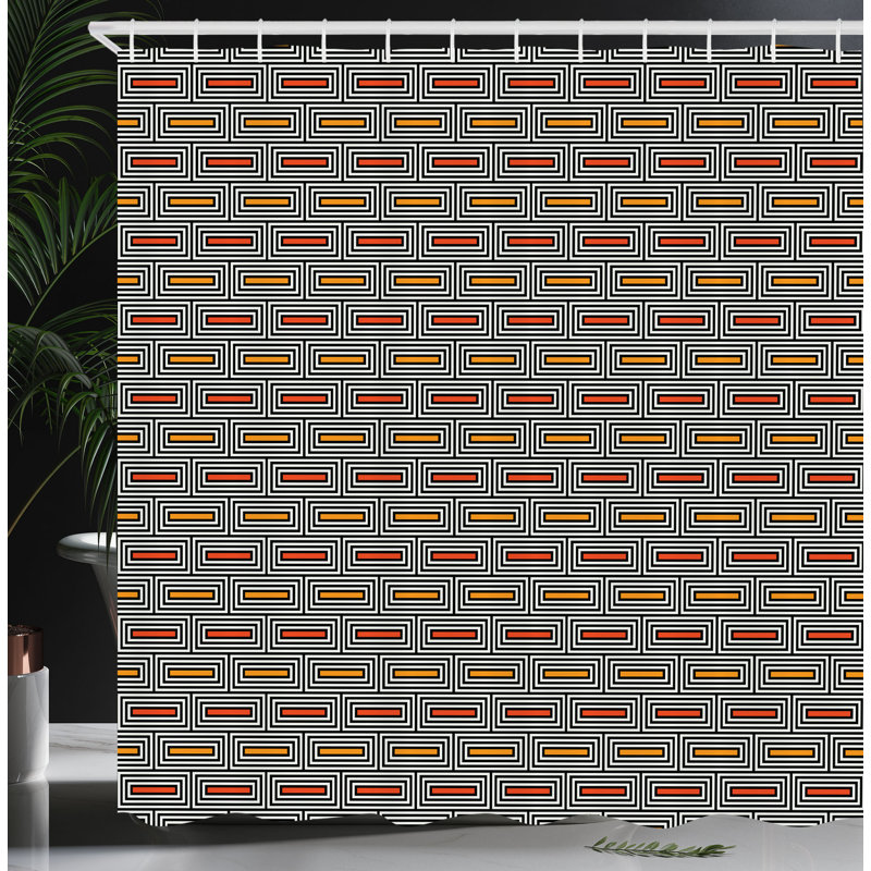 Dakota Fields Geometric Shower Curtain Rectangular Blocks Orange Black and White, 70"H x 69"W