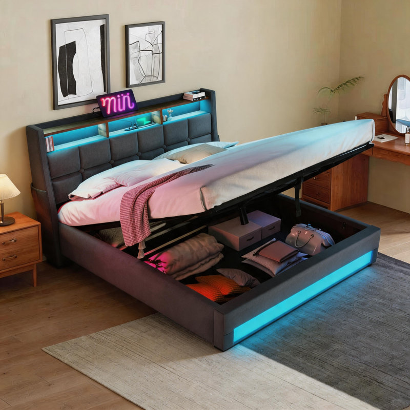 Base de lit à DEL avec station de charge, lit plateforme tapissier