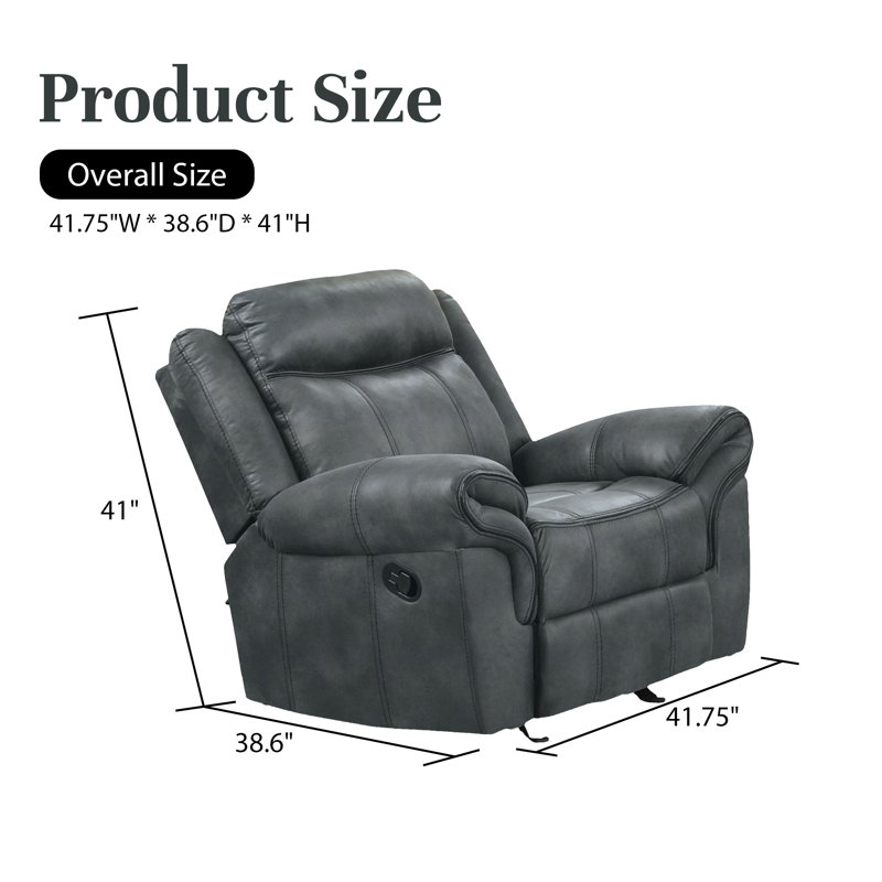 Modern 41.5" Wide Leatherette Manual Glider Recliner Chair with Comfortable Foam & Pocket Coil Seating, Dark Gray