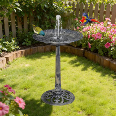 Solar Bird Bath With Fountain Pump, 28" Free-Standing Polyresin Bird Bath With Hollow-Out Edge, Fillable Stable Base, Antique Garden Bird Bath For Yard, Lawn, Patio & Outdoor Décor