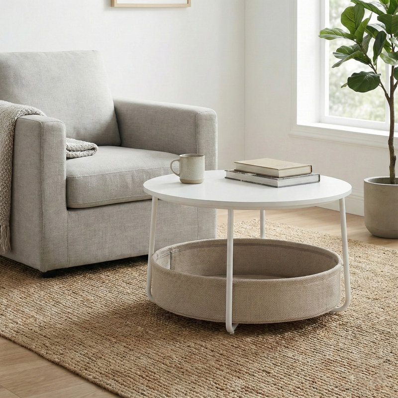 Table ronde avec panier en tissu, Blanc / Brun