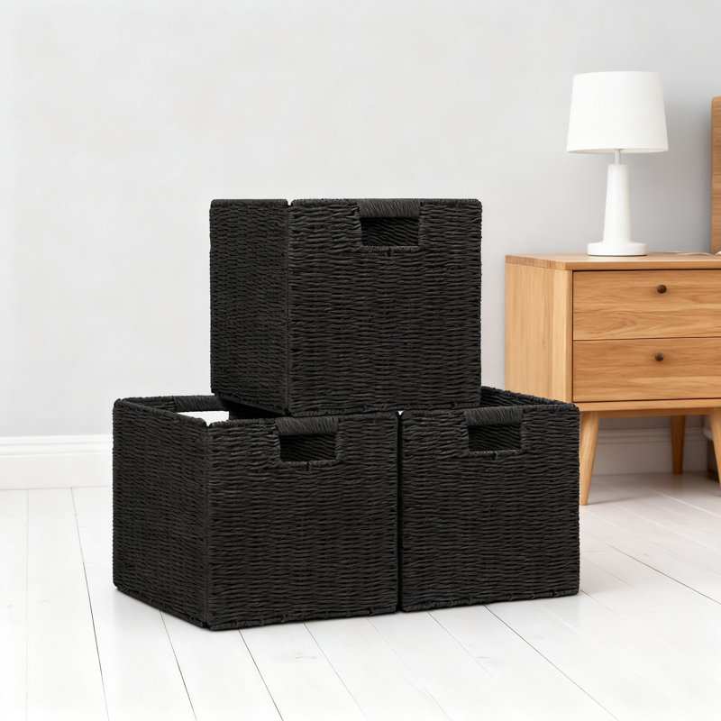 Paniers de rangement en osier tissés à la main, paquet de 3, bacs de rangement carrés pliables pour tablettes et placard