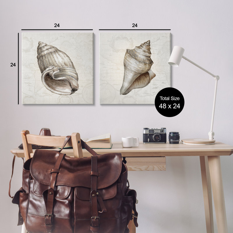 Conch Shells over Vintage Maps 2 Piece Canvas Wall Art Set, design by Conrad Knutsen, H 24 po x l 24 po