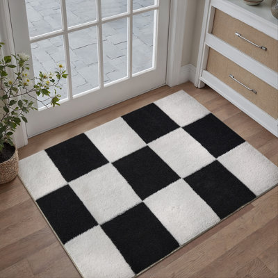 Aira Black & White Jacquard Checkerboard Area Rug With Non-Slip Backing