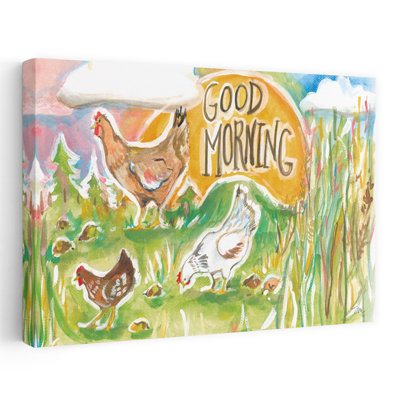 Good Morning Chickens - Contemporary Good Morning Chickens Watercolor Sunrise Farm Life Art