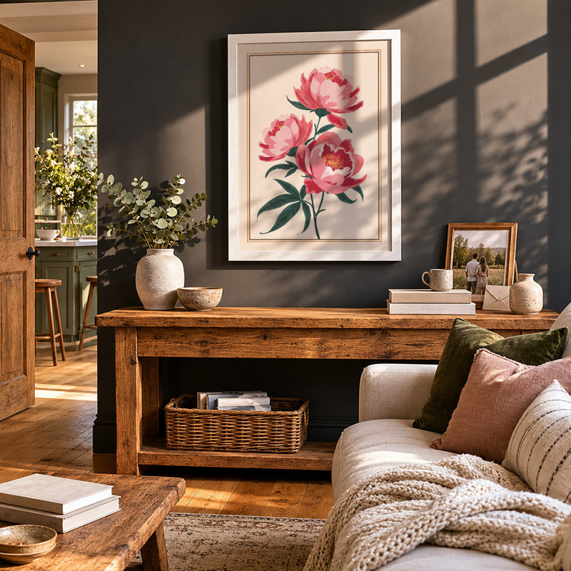 Pink Peonies Botanical - Framed Print, A3 - 42.0 x 29.7 cm, White