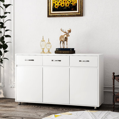 White Side Table With 3 Doors And Sufficient Storage, Fine Painting Improvement Large Storage - Drawers Doors, Exquisite Craftsmanship
