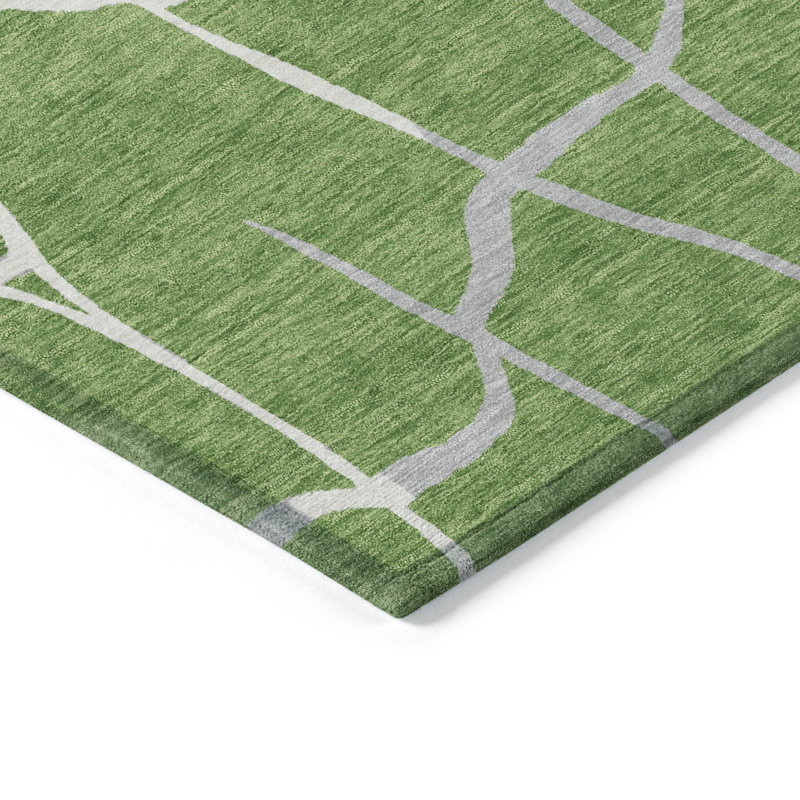 Green and White Synthetic Mosaic Pattern Washable Area Rug