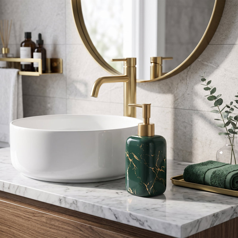 Distributeur de savon en céramique effet marbre, flacon pompe veiné or pour meuble-lavabo, disponible en 4 couleurs, Blanc