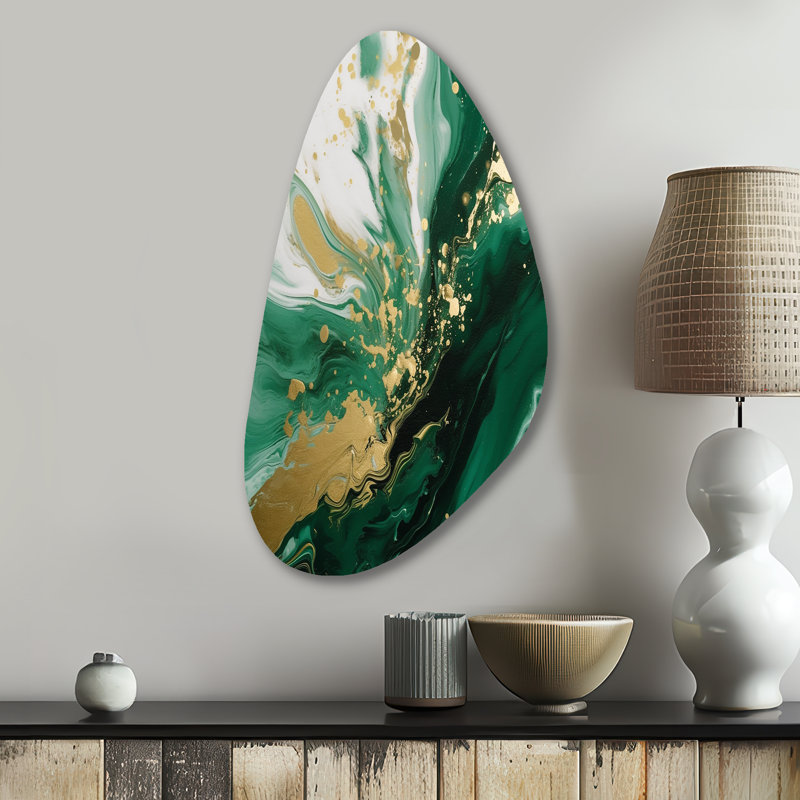 «Green and Gold Serene Cascade III», art mural abstrait de forme irrégulière en métal, reproduction d'art asymétrique moderne