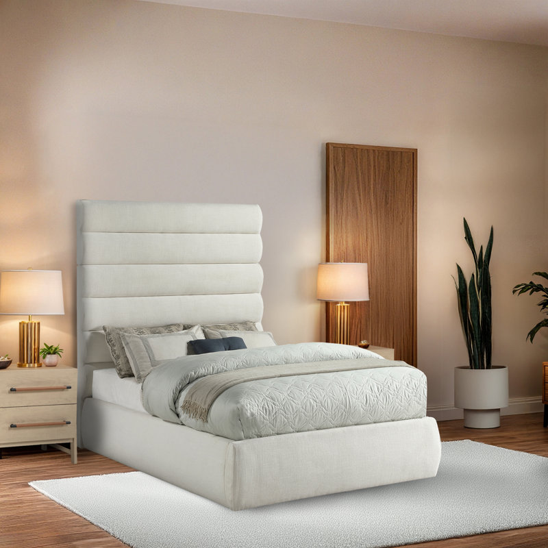 Lit Taavi, Tissu texturé en lin crème, Double