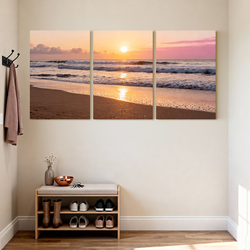Scénario et paysages urbains coucher de soleil océan vagues plage sable ciel réflexion horizon clair ensemble de 3 impressions d'art sur toile
