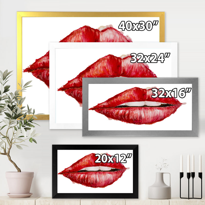 Valentines Day Red Woman Lips - peinture sur toile, H 24 po x l 32 po x P 1 po, Cadre photo blanc