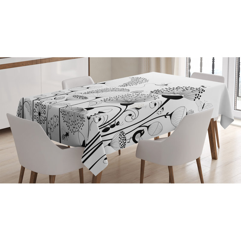 Ambesonne Black And White Tablecloth, Small Large Blooming Flowers With Butterflies And Bees Creatures Nature, Rectangular Table Cover For Dining Room Kitchen Decor, 52" X 70", Black White