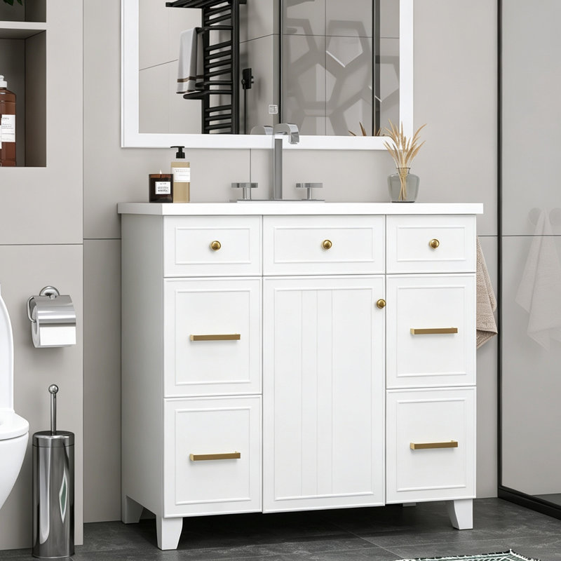 Meuble-lavabo sur pied 36 po avec comptoir en céramique, Blanc, Doré