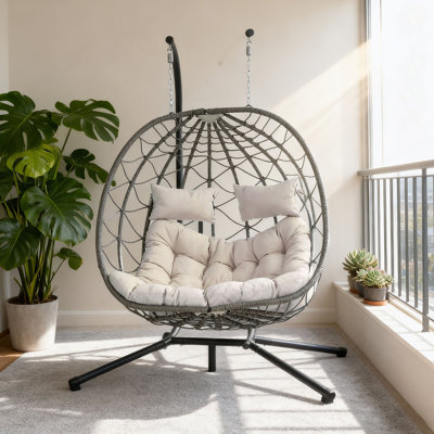 2 Persons Egg Chair With Stand Indoor Outdoor Swing Chair Patio Wicker Hanging Egg Chair Hanging Basket Chair With Stand For Bedroom Living Room Balcony