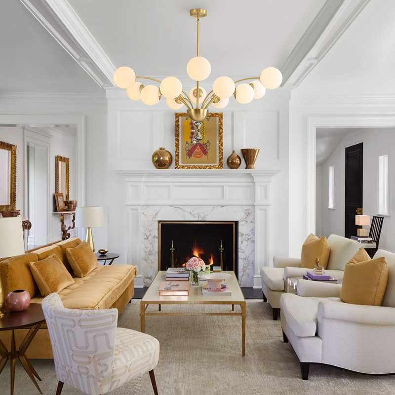 12 - Light Brass Frosted Glass Globe Starburst Chandelier