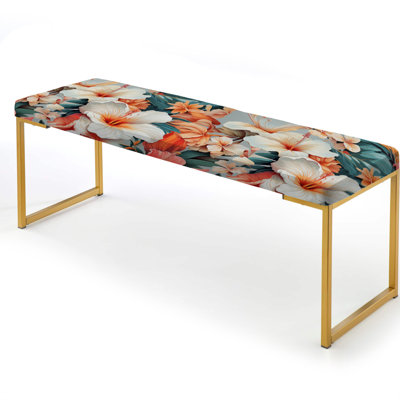 Exotic White Hibiscus Floral Oasis - Floral Upholstered Gold Bench