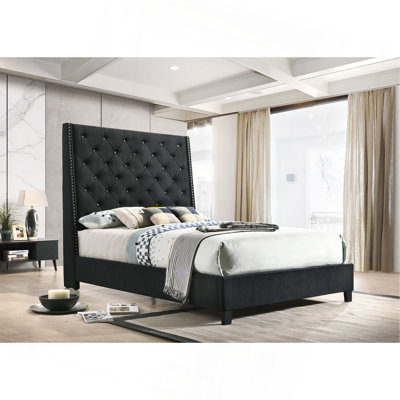 1Pc Contemporary Style Queen Panel Upholstered Bed Button Tufted Demi-Wings Nailhead Trim Black Finish Bedroom Furniture